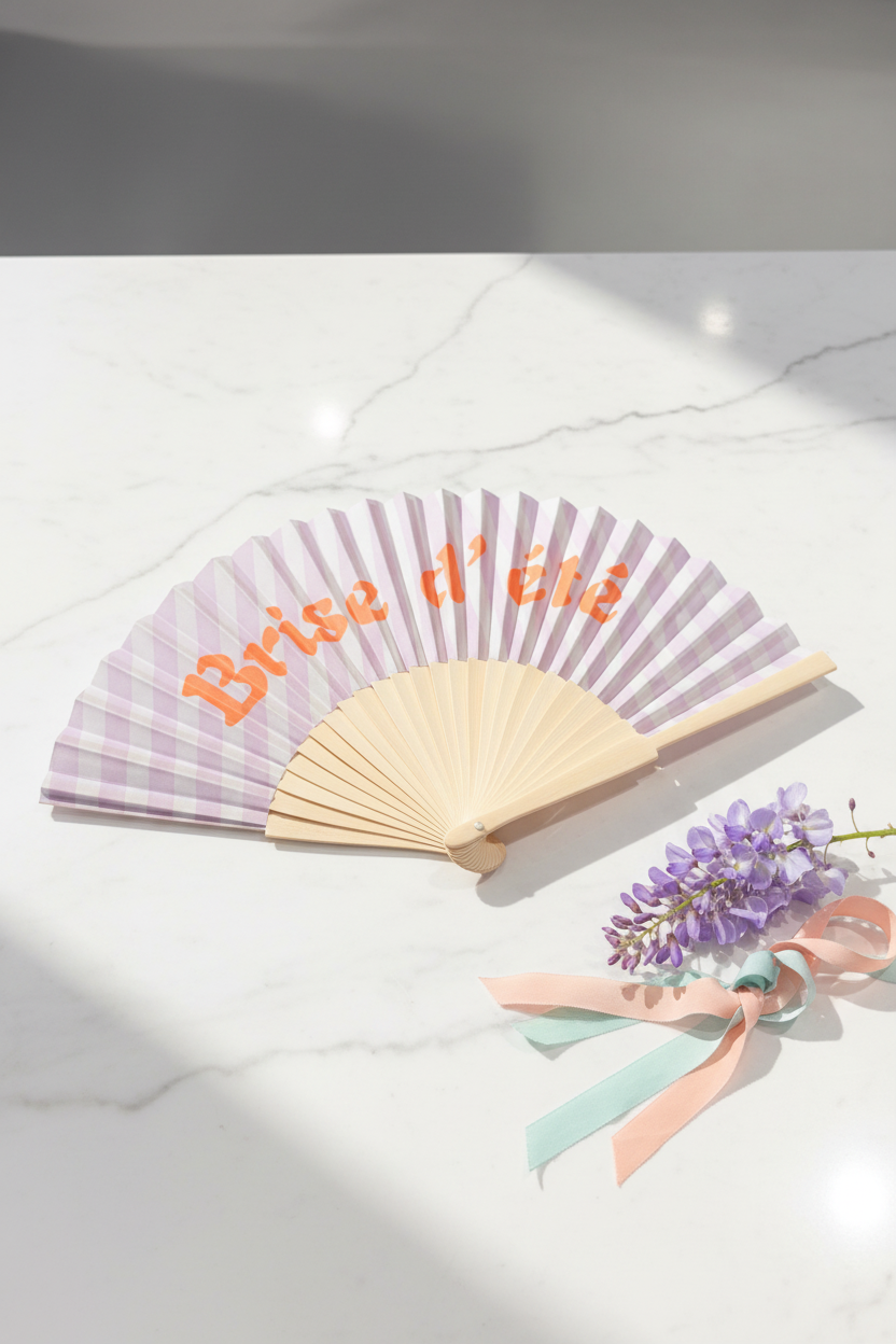 Lila gingham zomerwaaier Brise d'été met oranje cursieve tekst en bamboe handvat