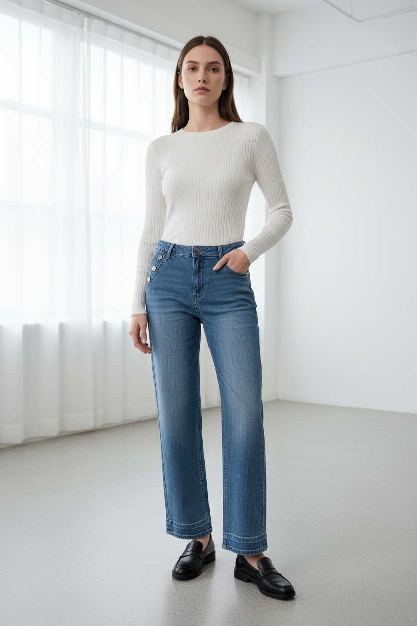Model in lichtblauwe jeans C&S met decoratieve knopen, gestileerd met wit topje en loafers