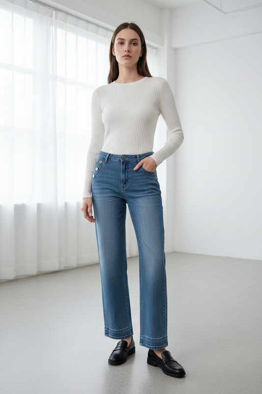 Model in lichtblauwe jeans C&S met decoratieve knopen, gestileerd met wit topje en loafers