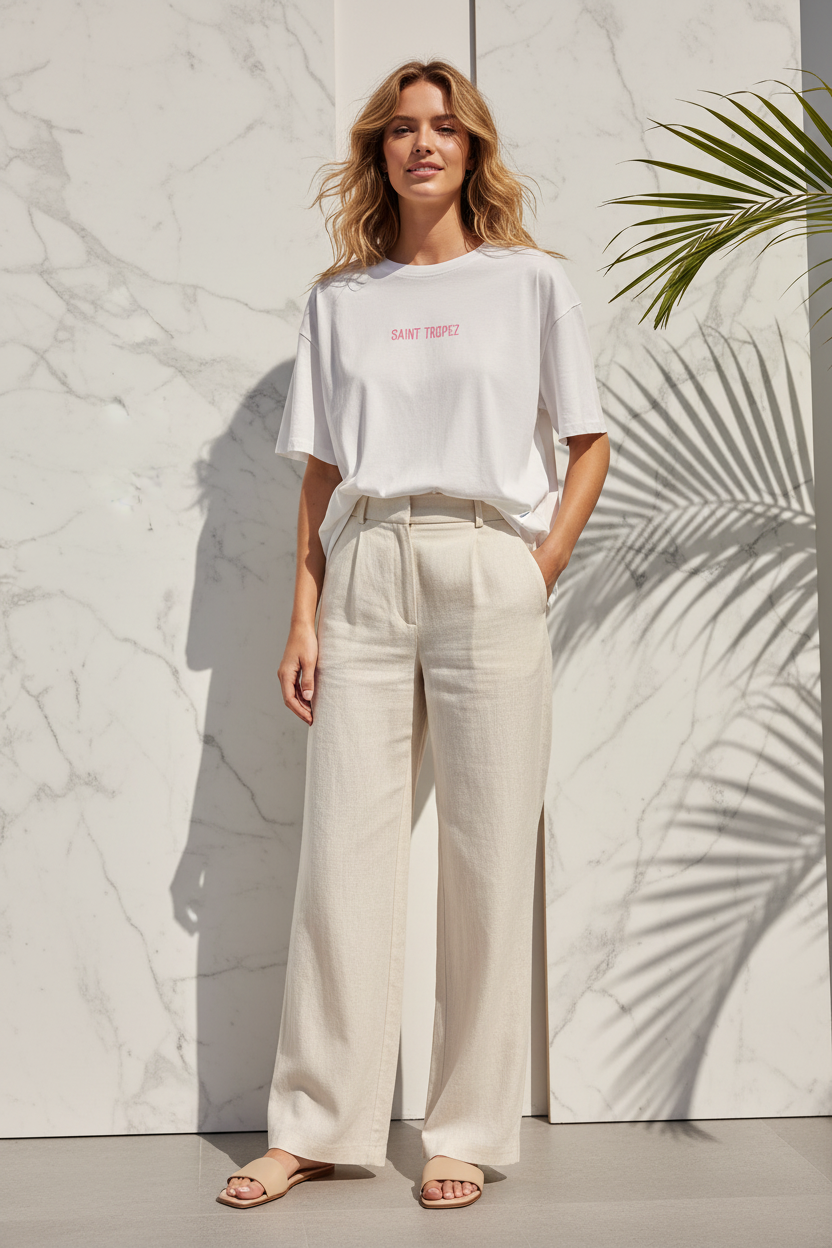 Model draagt het witte oversized T-shirt Gimme Saint Tropez, gestijld met denim shorts in een zomerse editorial setting
