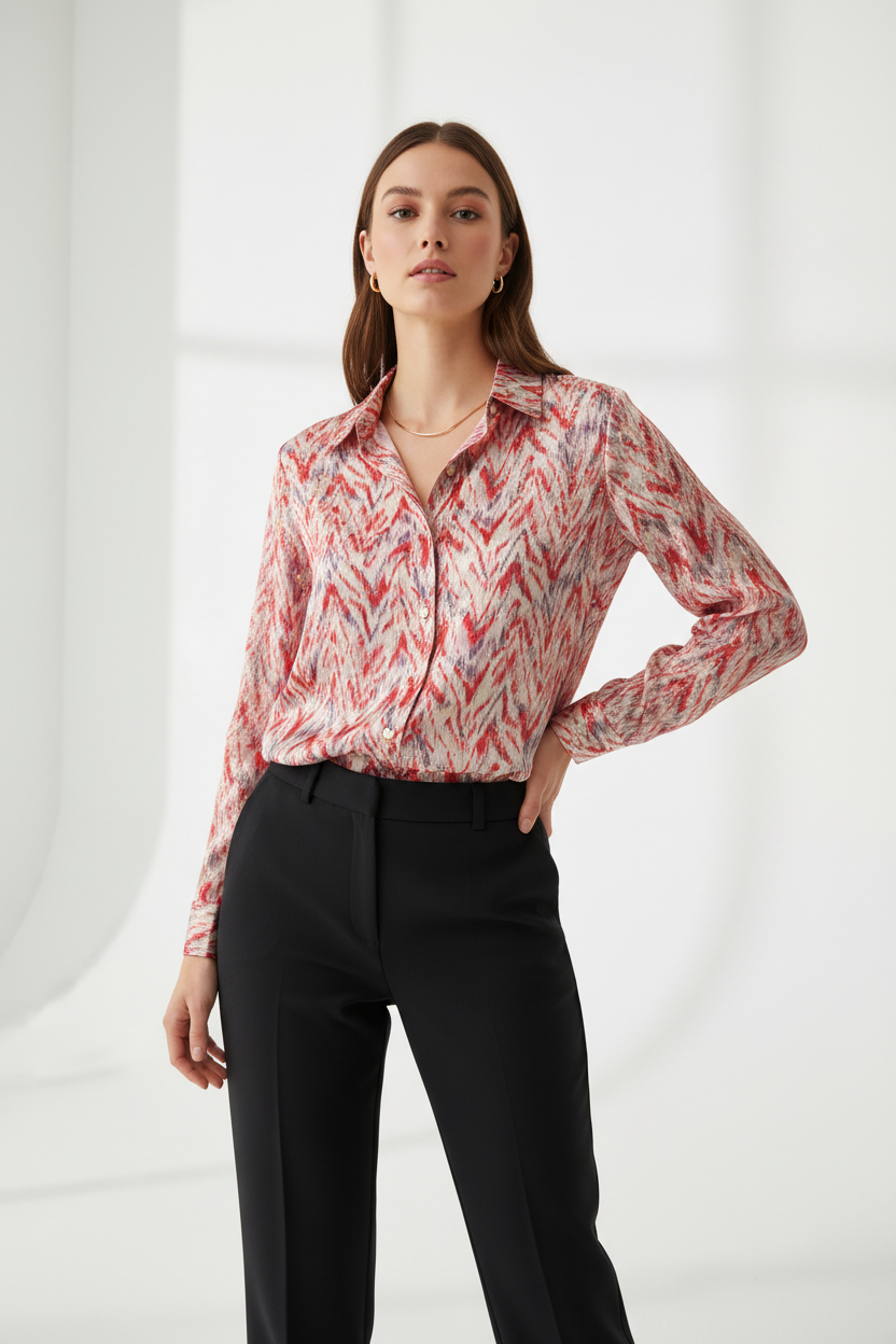 Model draagt goldflake blouse - elegante look met gouden accenten