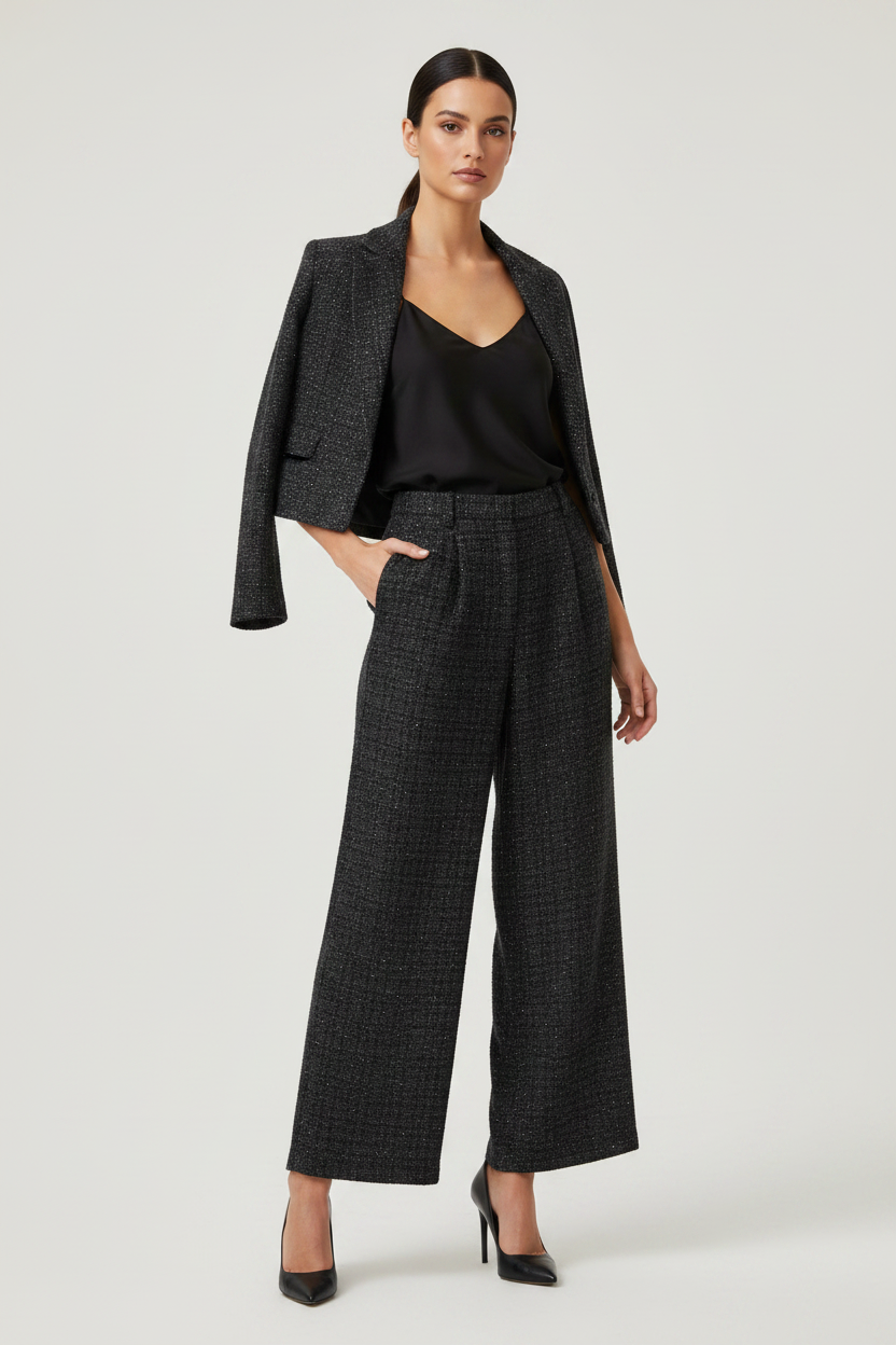 Model draagt donkergrijze tweed broek Gimme met glitterdraden