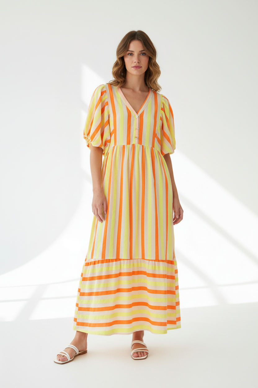 Model in geel-oranje gestreepte maxi-jurk You Passion met pofmouwen, gestileerd met witte sandalen
