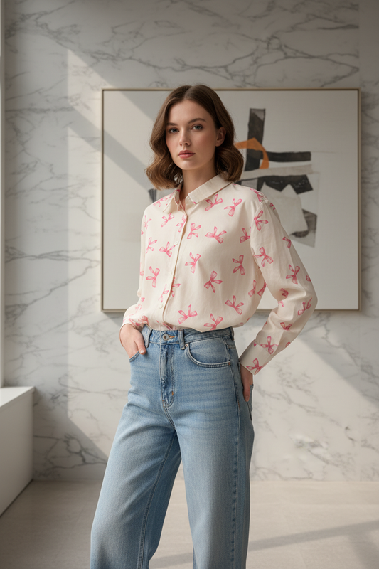Model draagt de creme Blouse Sophyline met roze strikjesprint in een premium editorial setting
