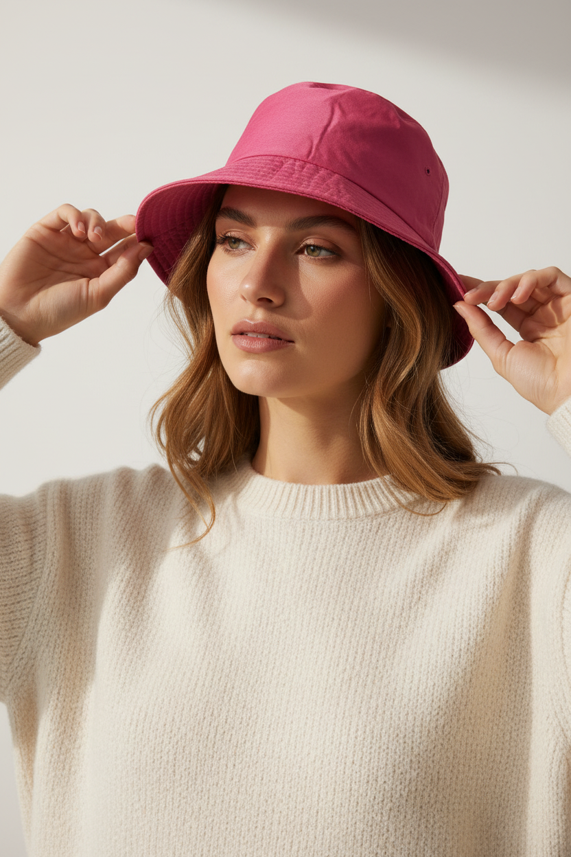 Model draagt bucket hat roze