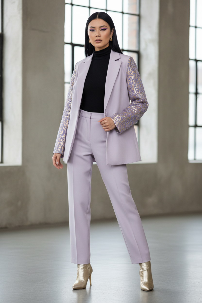 Model draagt paarse blazer met panther mouwen - detail