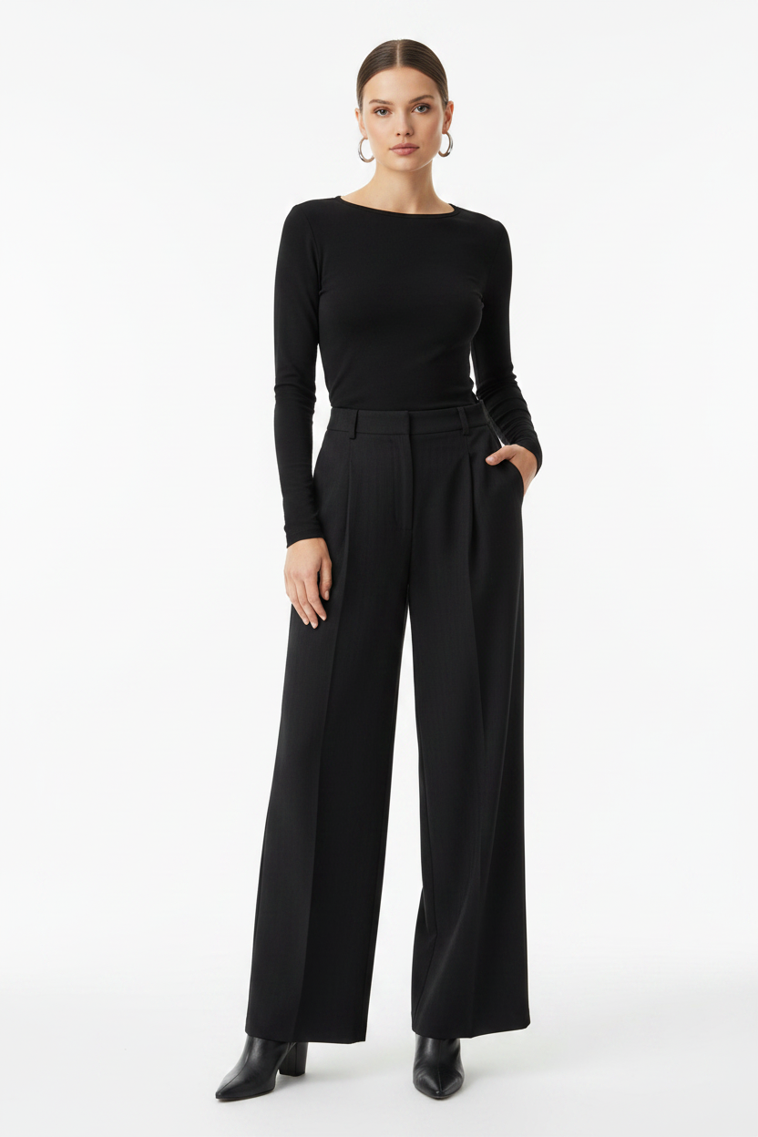 Model draagt zwarte geklede wide-leg broek Lulumary