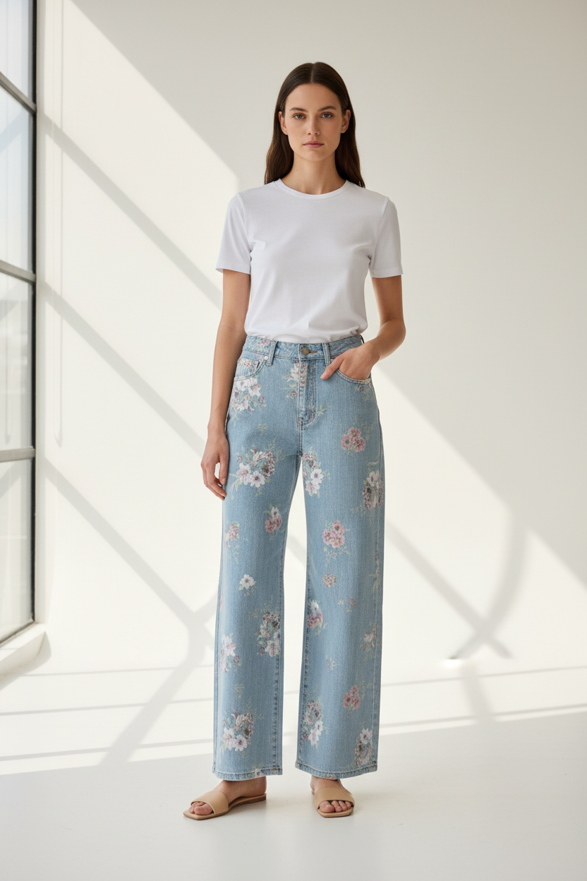Model in lichtblauwe wide-leg jeans Flower Wide met all-over roze bloemenprint, gestileerd met wit topje en beige sandalen