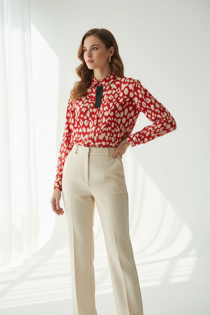 Model draagt Yehwang blouse - elegante look