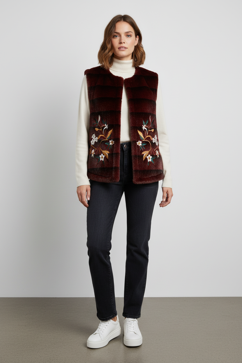 Model draagt Just Woman bordeaux bodywarmer - casual look