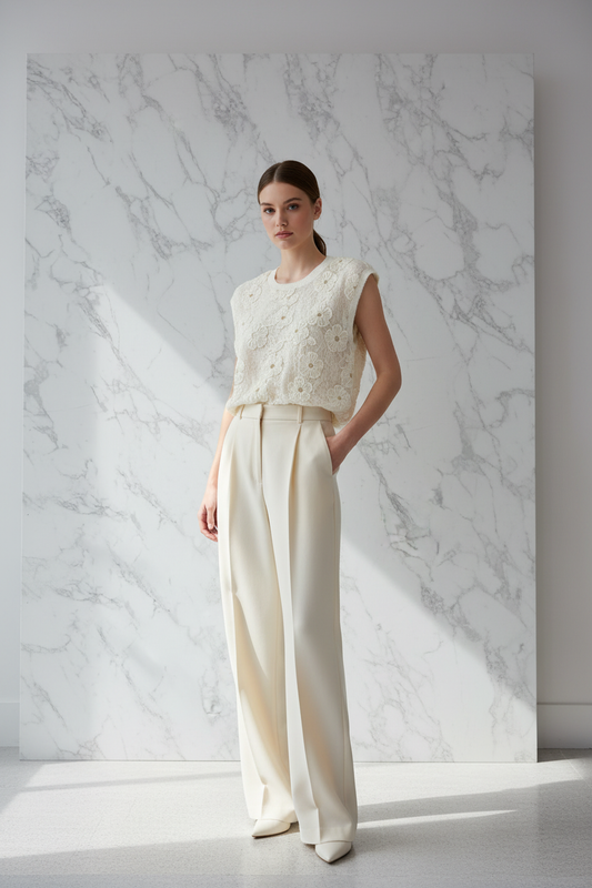 Model draagt de crème Top Sophyline met 3D bloemenapplicaties en V-hals in een luxe editorial setting