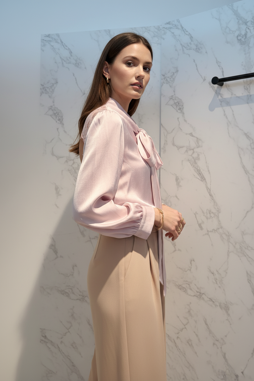 Model in Blouse met Kant Elli White blush satijn met open kantrug — editorial stijl