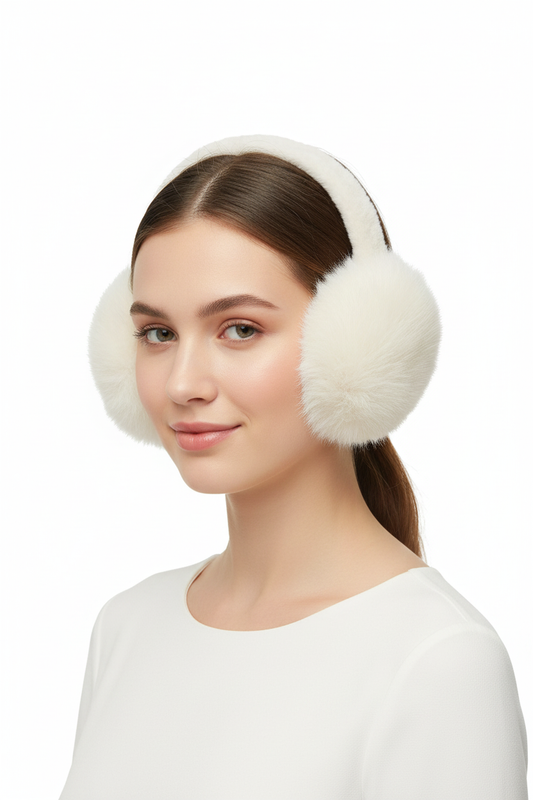 Model met witte fluffy oorwarmers - witte achtergrond