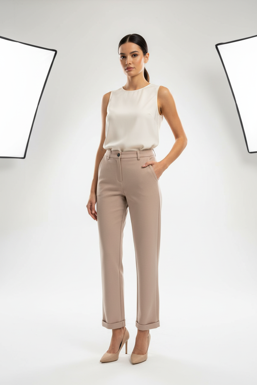Model draagt beige straight-leg broek C&S
