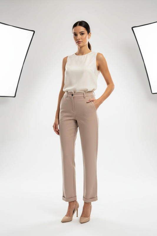 Model draagt beige straight-leg broek C&S