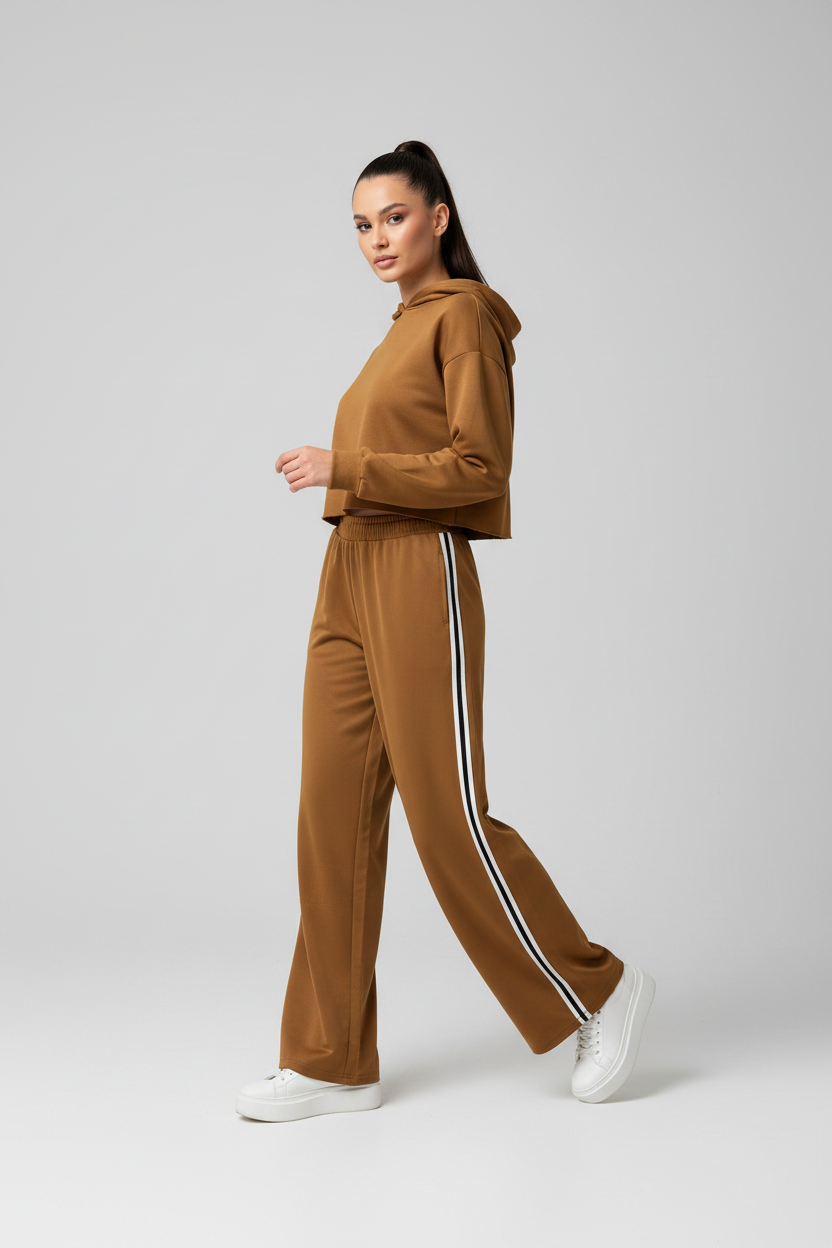 Model draagt caramel sporty broek Gimme met zwart-witte strepen