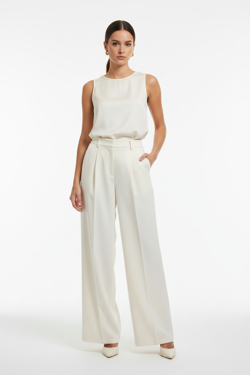Model draagt crème geklede brede broek Just woman