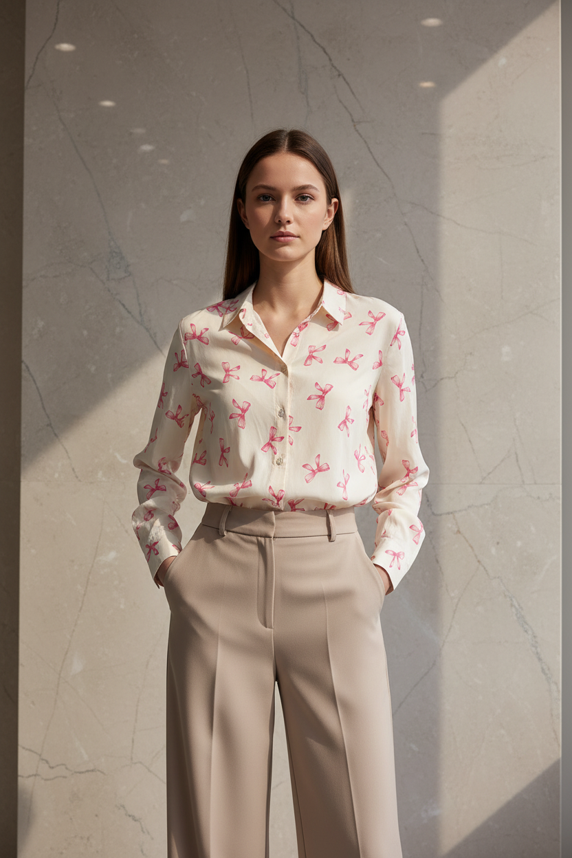 Model draagt de creme Blouse Sophyline met roze strikjesprint in een luxe editorial setting