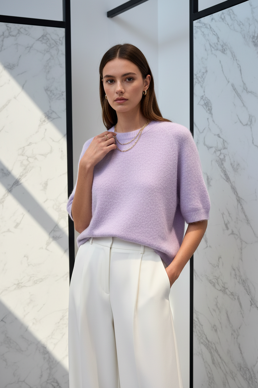 Model in Alpaca Top lavendel gebreid — editorial stijl