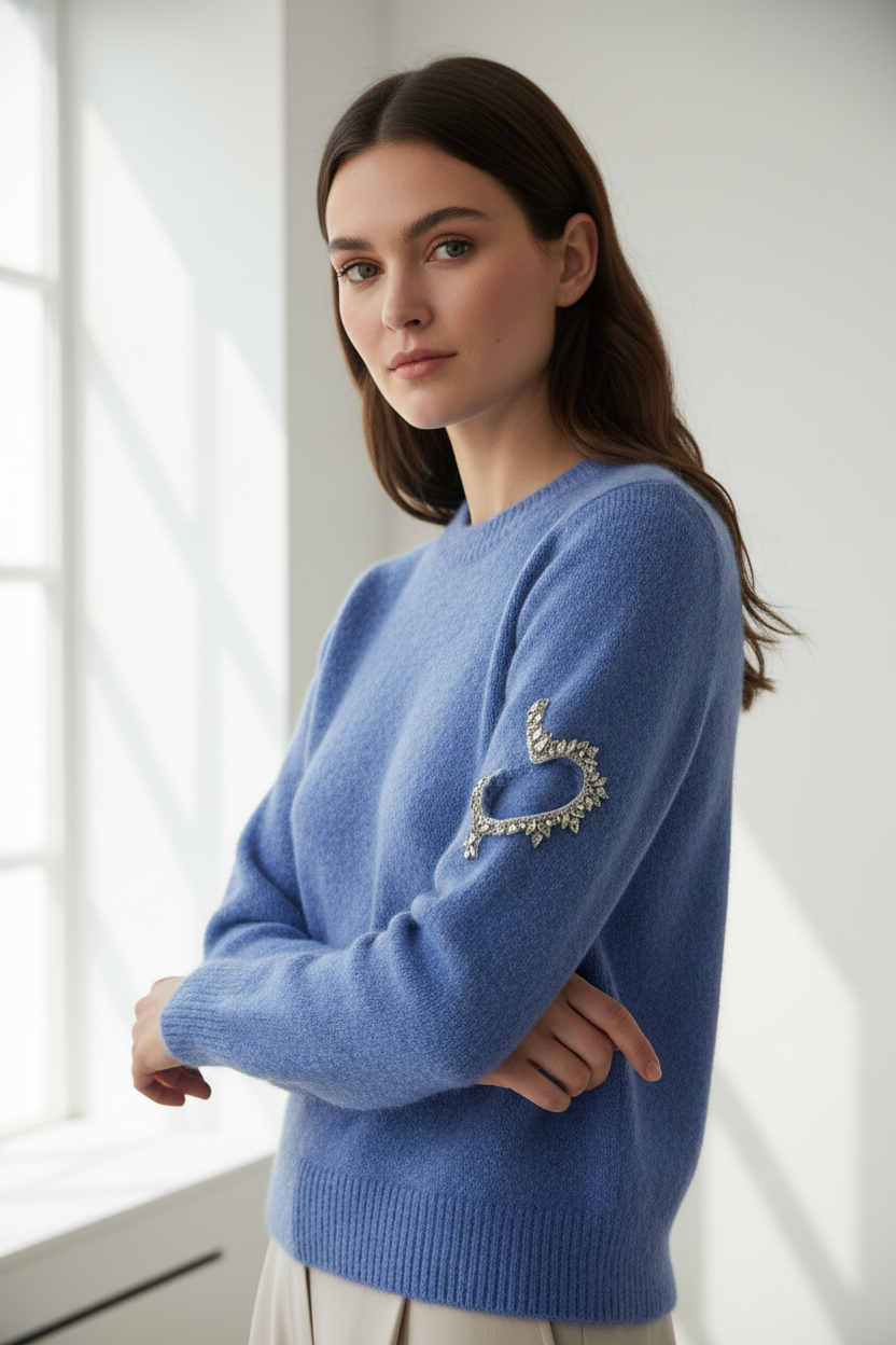 Model draagt Vintage Dressing Love trui - hartje detail in mouw