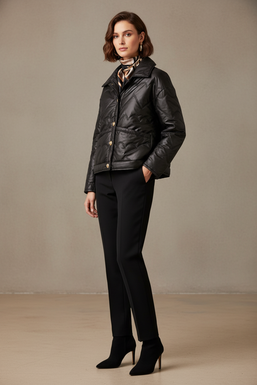 Model draagt L&A Diffusion jas - stijlvolle outfit