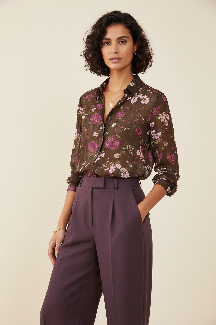 Blouse bloemenprint bruin paars - detail van bloemenpatroon