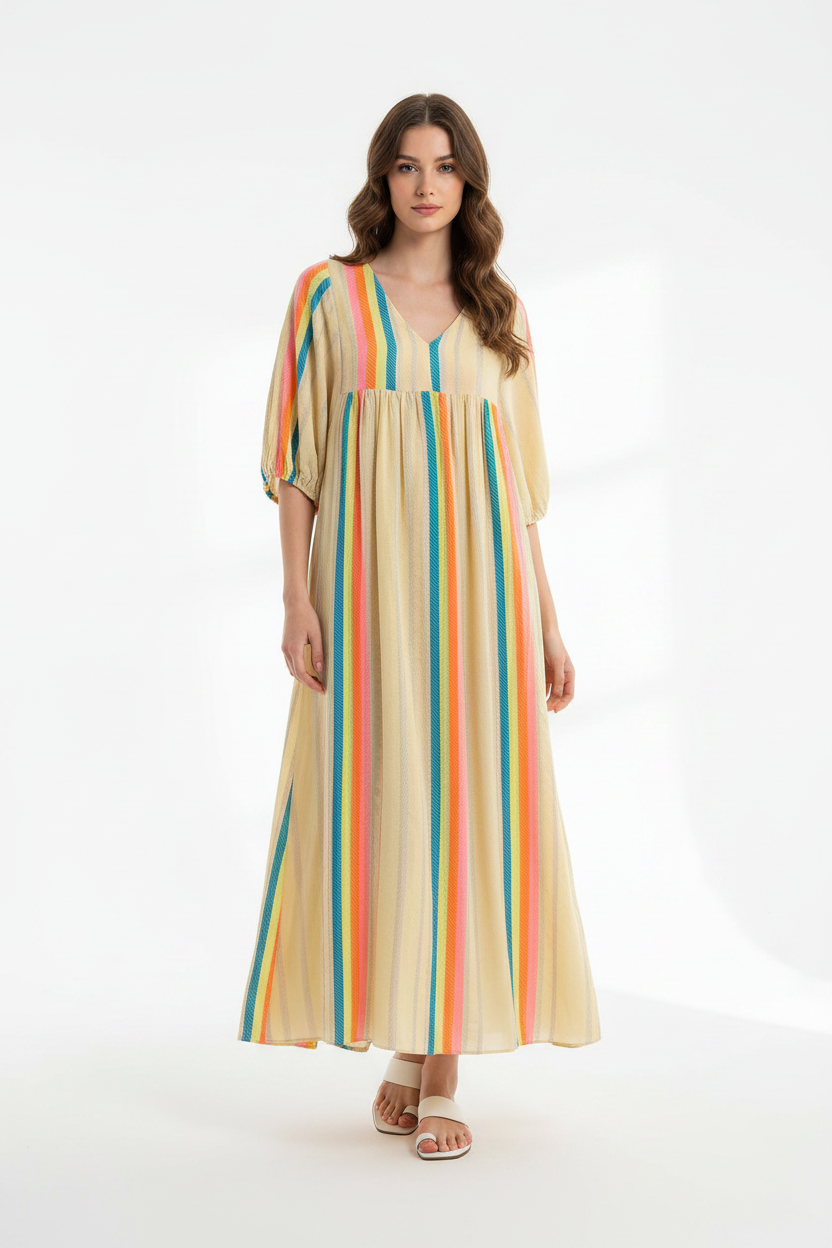 Model in lichtgele maxi-jurk You Passion met regenboog strepen en pofmouwen, gestileerd met witte sandalen
