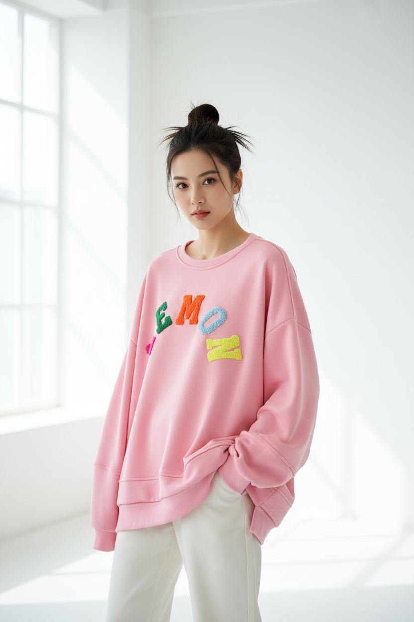 Model draagt roze oversized Lemon sweater met kleurrijke fluffy letters