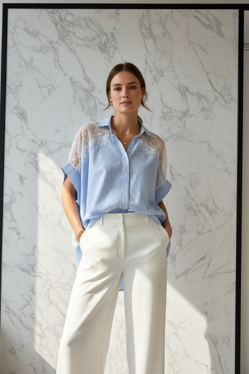 Model in Bloes JS Millenium lichtblauw met kant op de schouders — editorial stijl