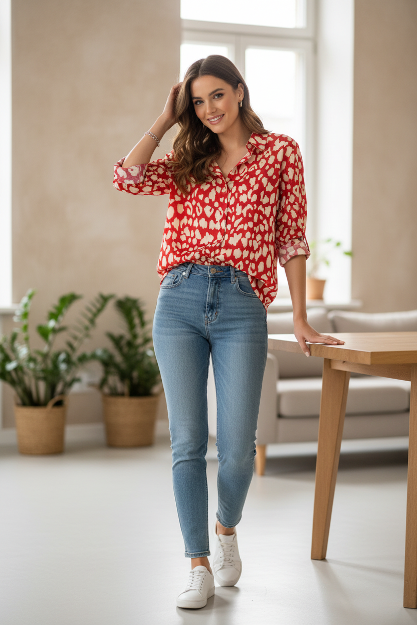 Model draagt Yehwang blouse - casual styling