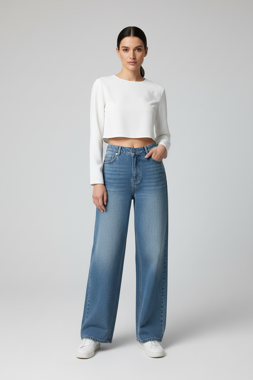 Model draagt lichtblauwe wide-leg jeans Gimme wide