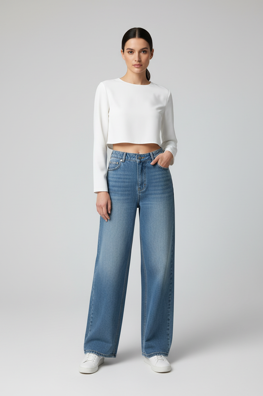 Model draagt lichtblauwe wide-leg jeans Gimme wide