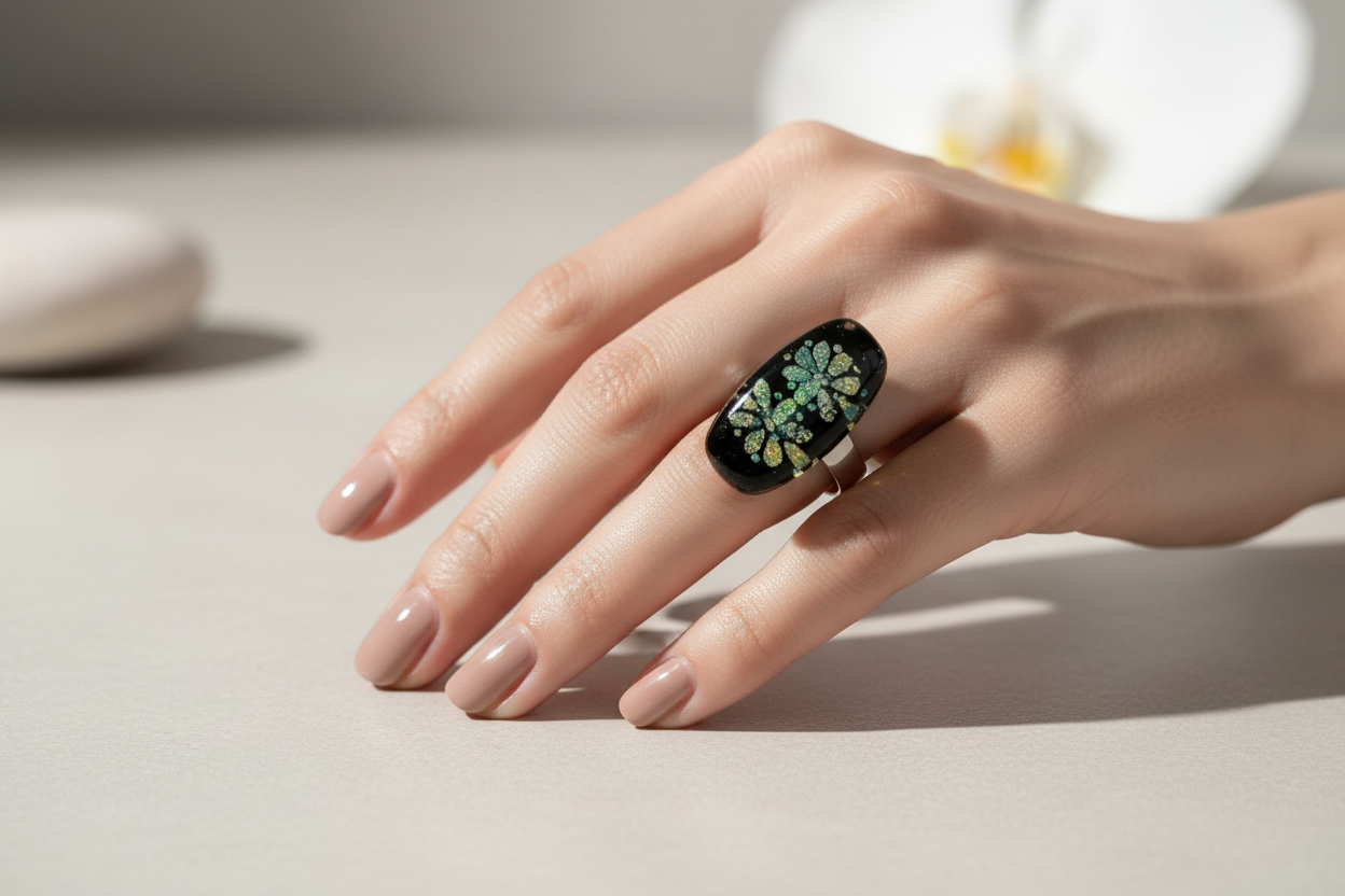 Model draagt Florana glazen ring