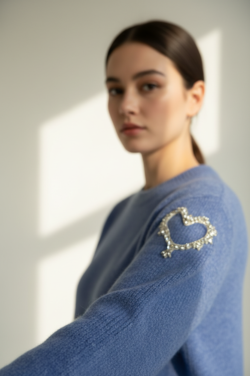 Model draagt Vintage Dressing Love trui - close-up hartje in mouw