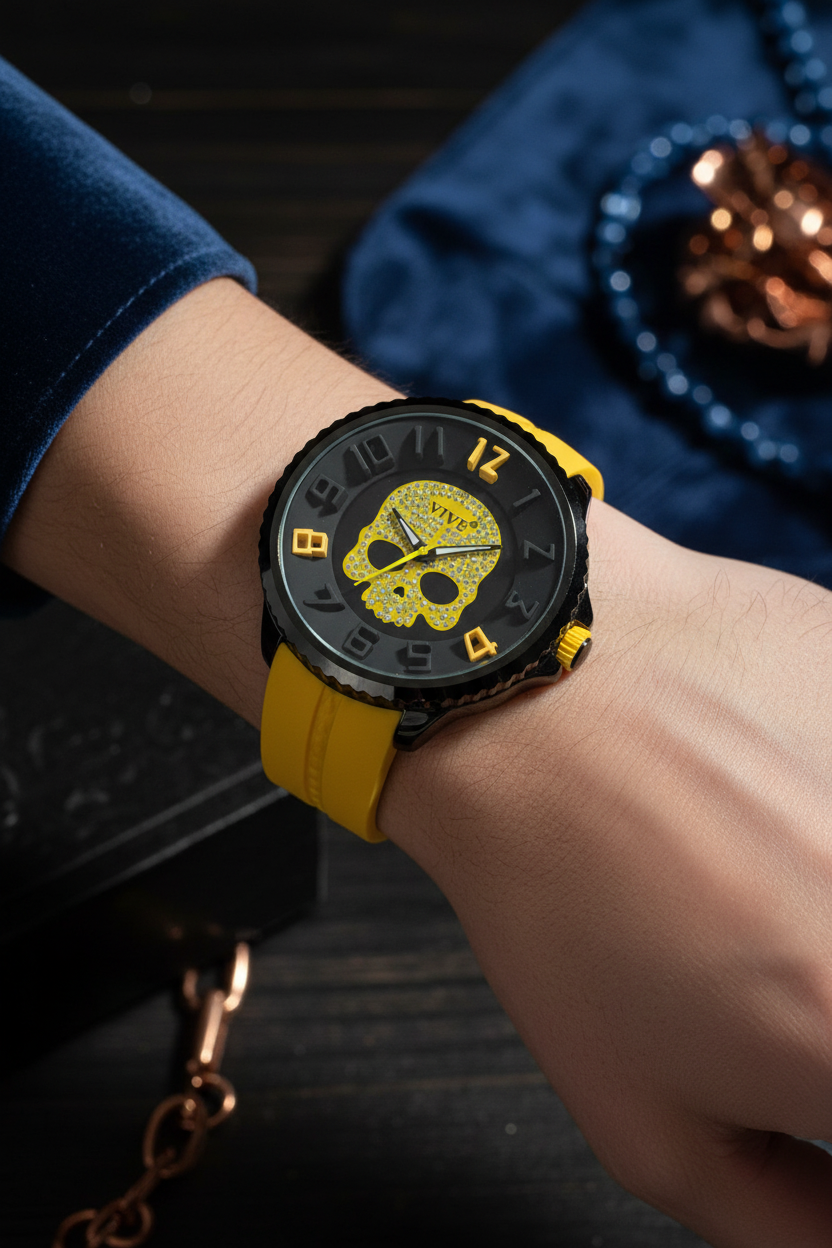 VIVE Skull Horloge - Geel met Kristallen Skull