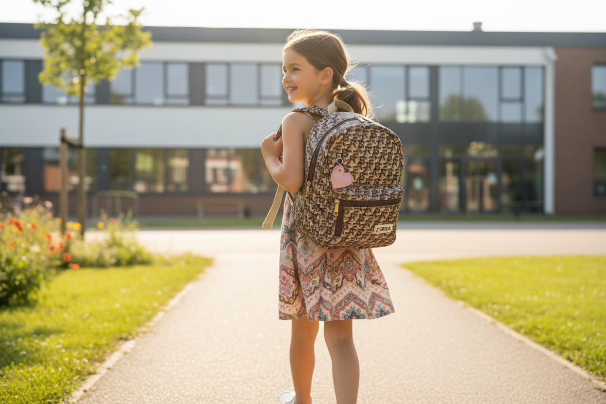Meisje draagt Zebra girls rugzak goud