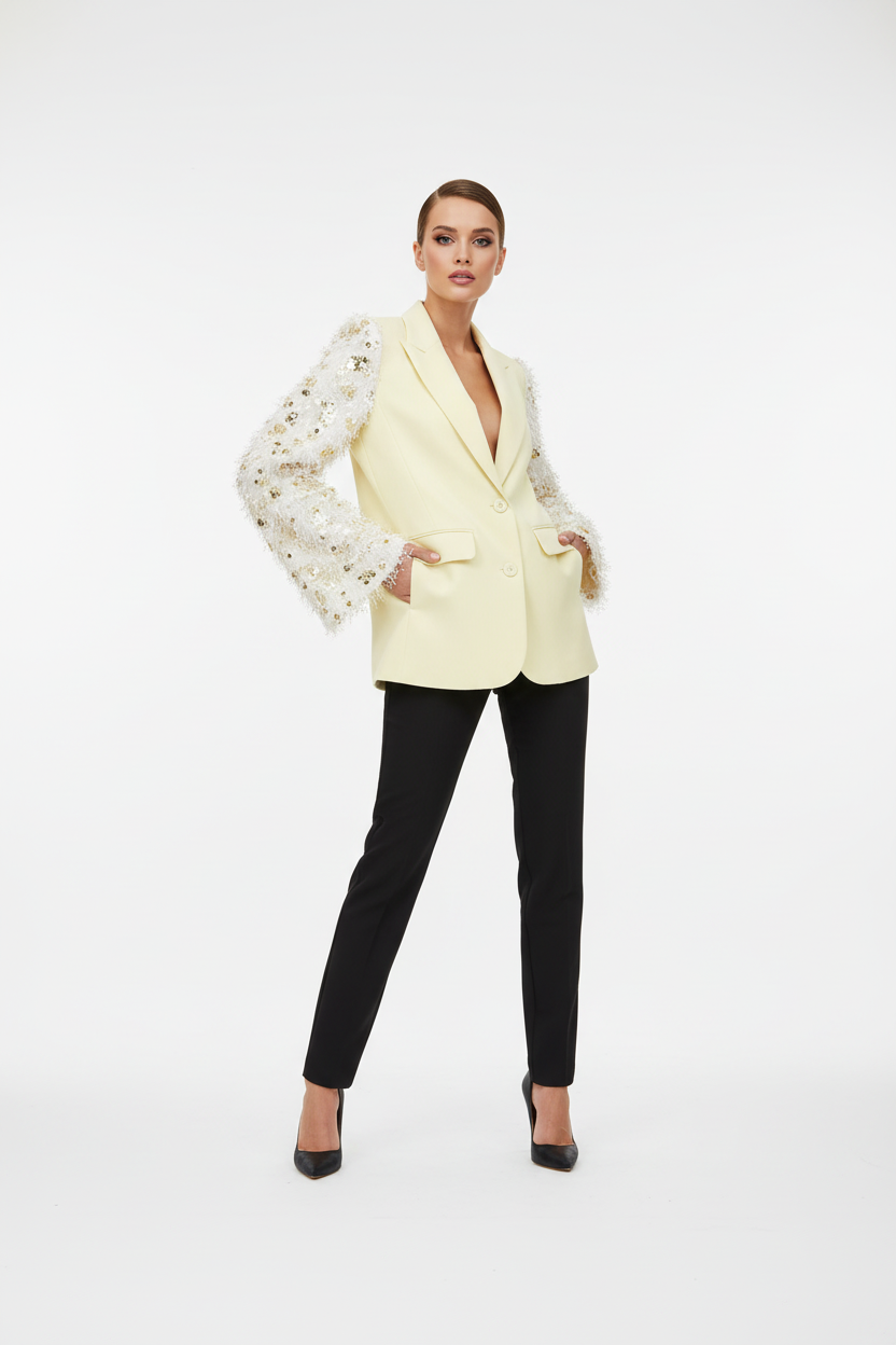 Model draagt Gimme fluffy sparkle blazer in yellow - glamoureuze look
