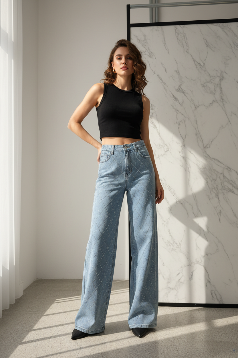 Jeans Miss Bon Glitter Ruitpatroon — lichtblauwe wide-leg jeans met glitter steentjes gedragen door model