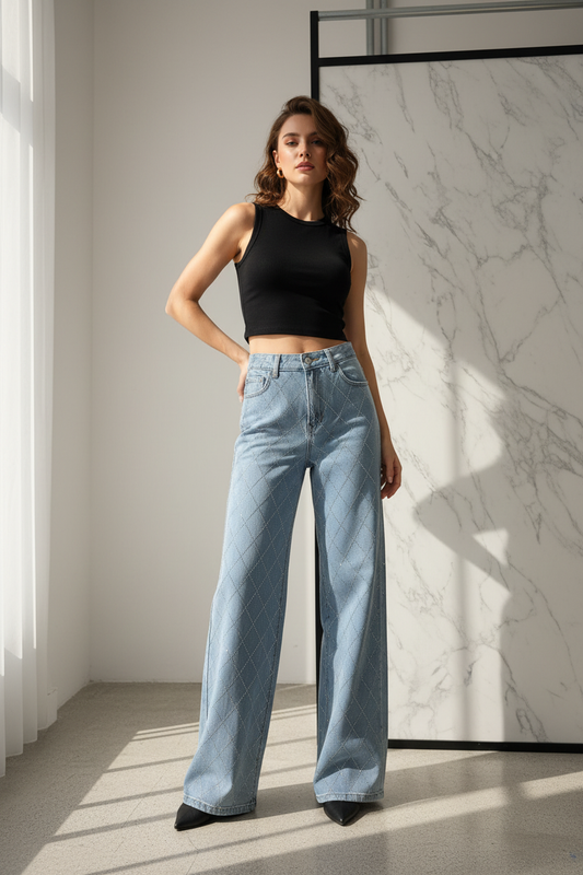 Jeans Miss Bon Glitter Ruitpatroon — lichtblauwe wide-leg jeans met glitter steentjes gedragen door model
