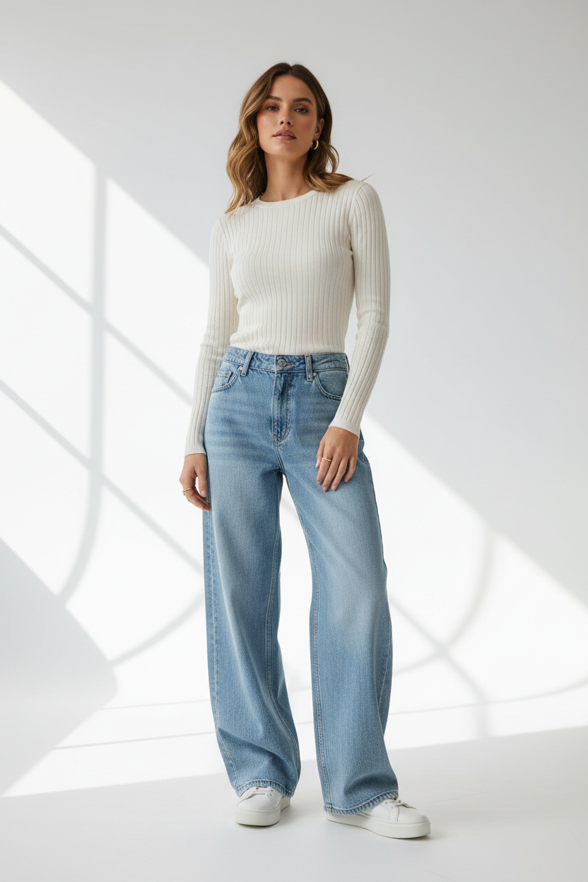 Jeans Sarah John aangedaan bij een model in een minimalistische studio