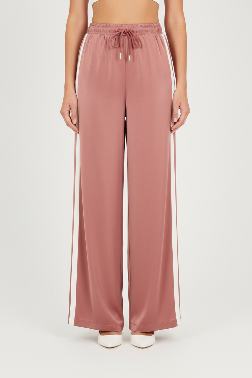 Model draagt satin pants met strepen - elegante catalogusfoto