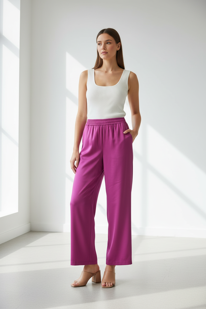 Model in fuchsia wide-leg pantalon Qiu, gestileerd met wit topje en nude mules