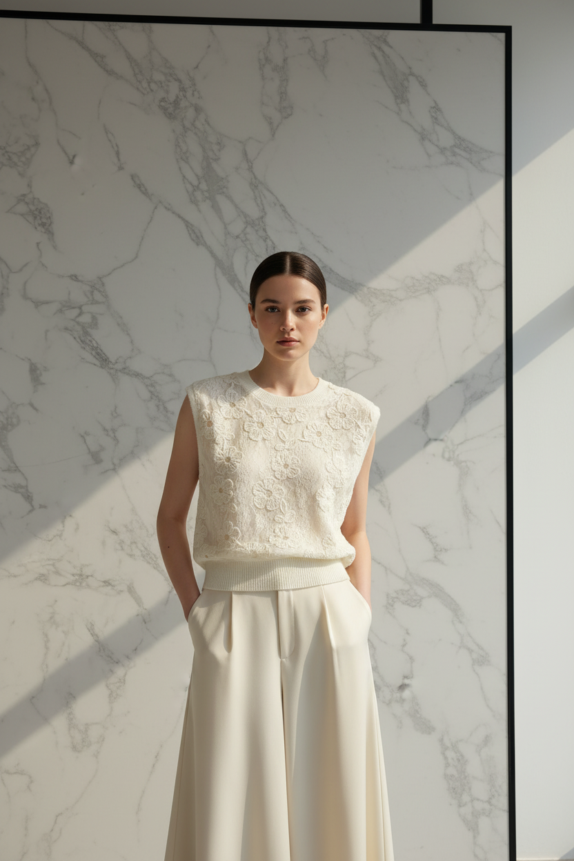 Model draagt de crème Top Sophyline met 3D bloemenapplicaties en ronde hals in een luxe editorial setting