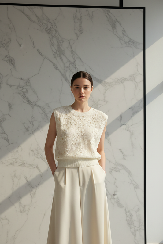 Model draagt de crème Top Sophyline met 3D bloemenapplicaties en ronde hals in een luxe editorial setting