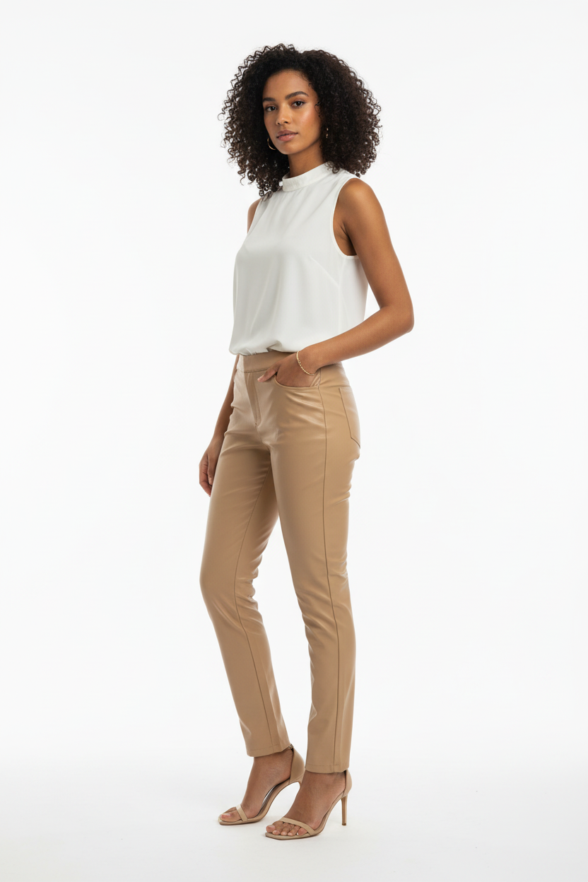 Model draagt Patrizia Pepe lederlook broek - stijlvolle outfit