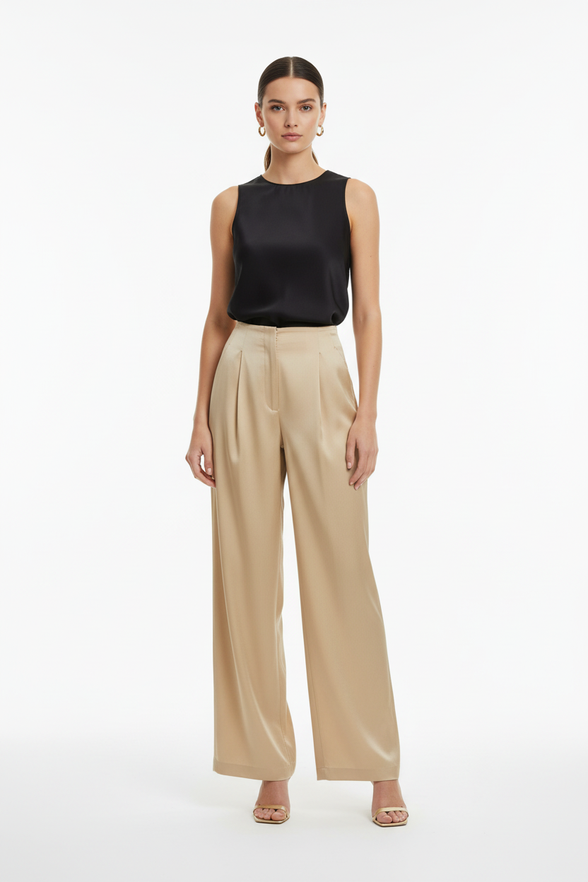 Model draagt classy straight pants gold - volledige weergave