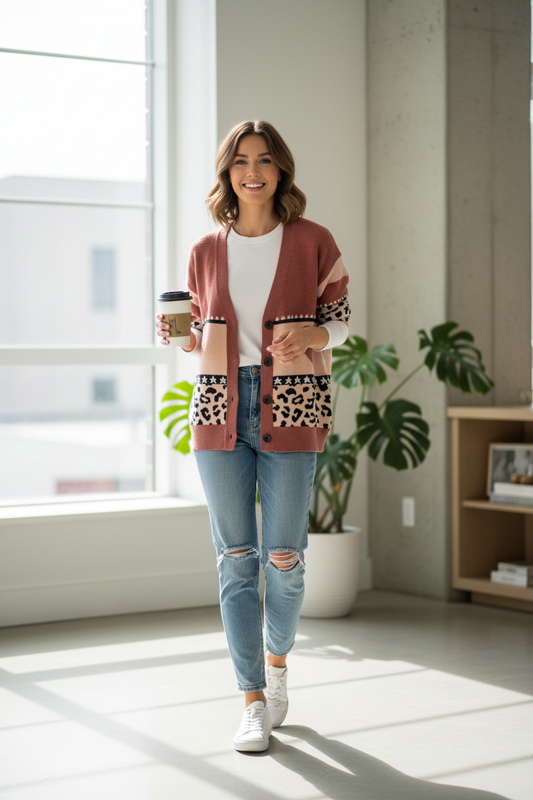 Model draagt Love Gimme vest met mouwen - casual styling