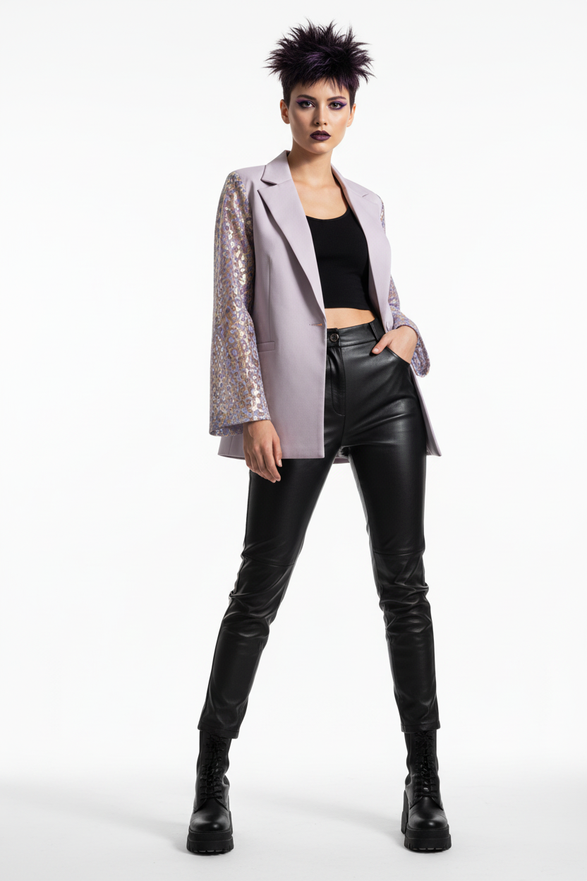 Model draagt paarse blazer met panther print mouwen - gedurfde look