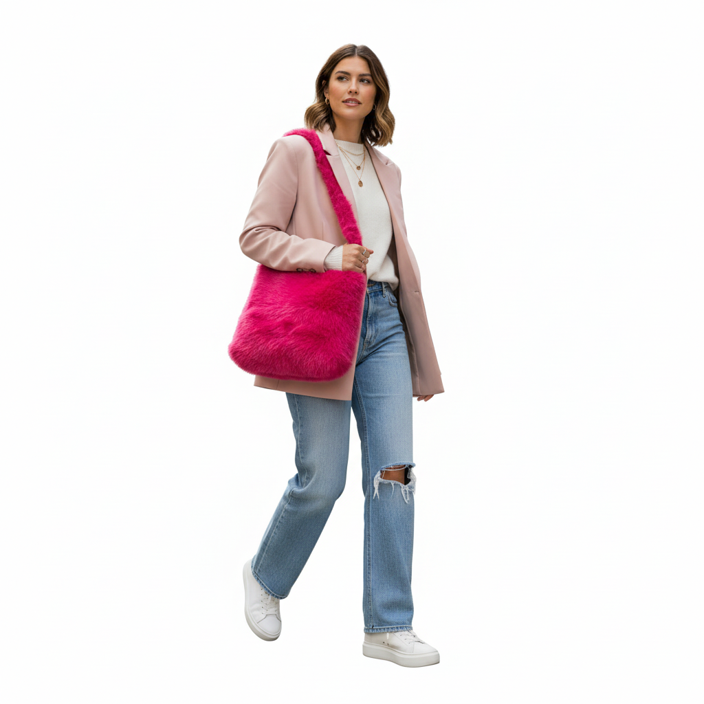 roze furry handtas - professionele productfoto