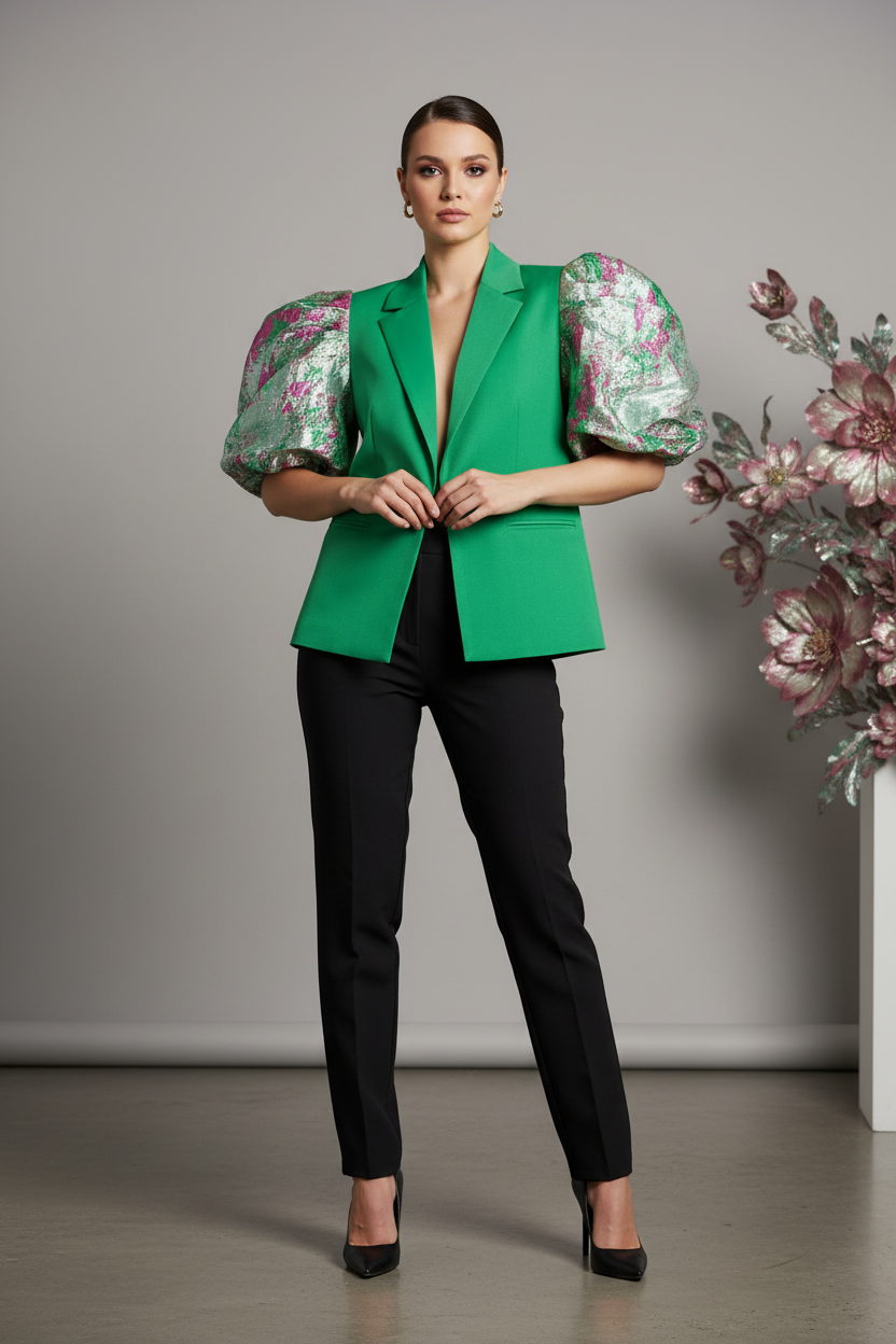 Model draagt groene flower bomb blazer - detail bloemenprint